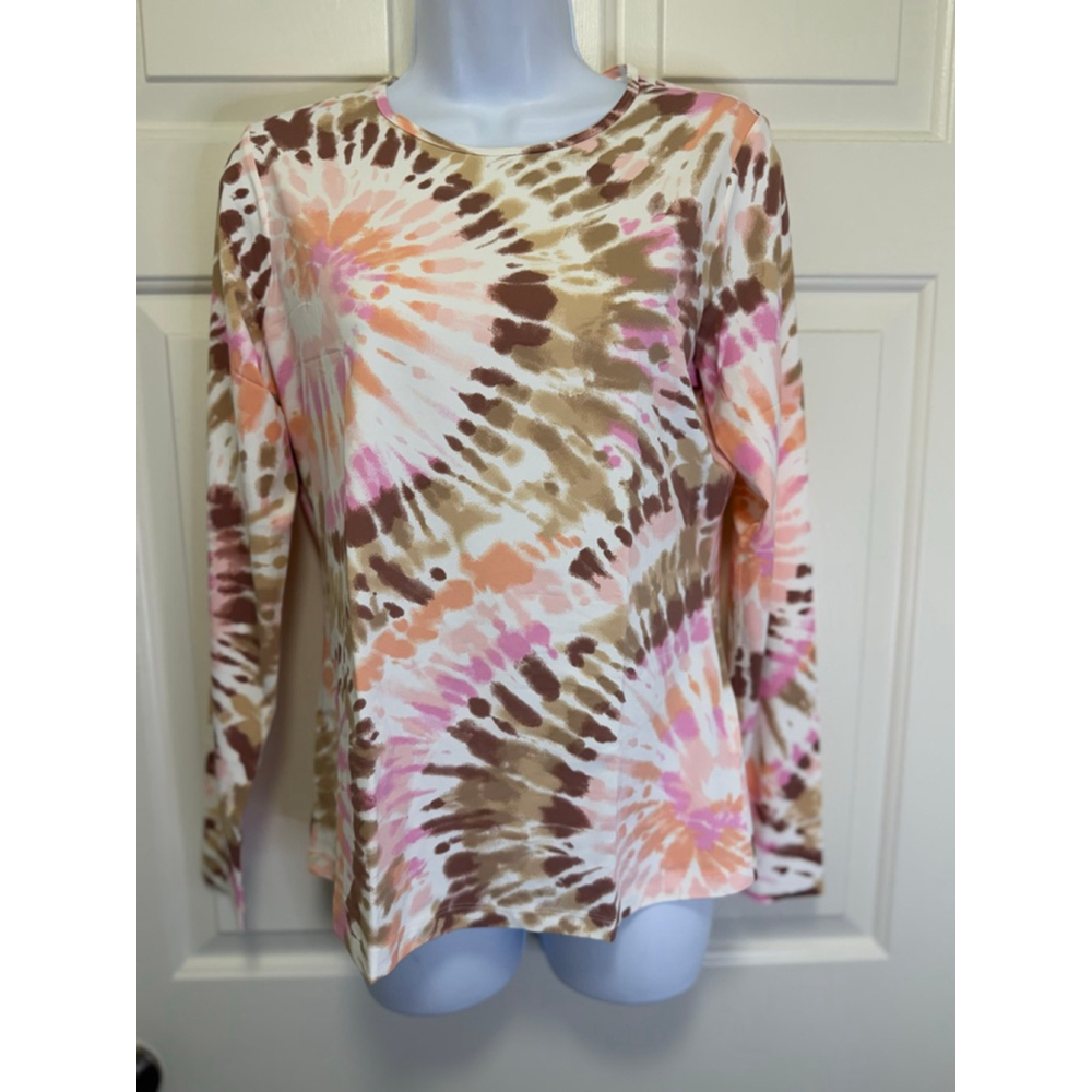 Lands’ End Rash Guard Swim Tee S Pink Brown Tie Dye UPF 50 Long Sleeve Crewneck